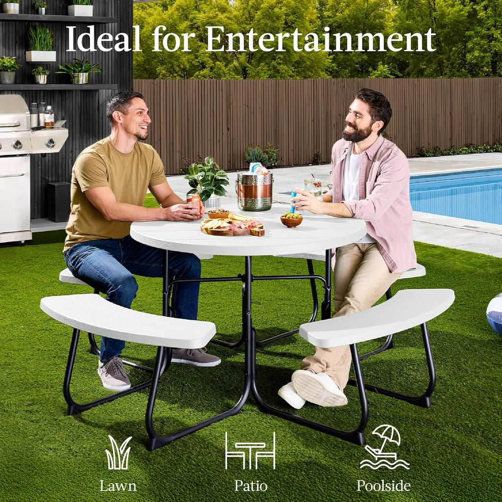 Best Choice Products - Mesa de picnic para 8 personas, circular con 4 bancos integrados y agujero para paraguas, capacidad de 2000 libras, color blanco
