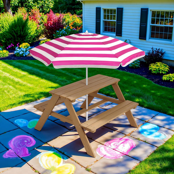 Best Choice Products - Mesa de picnic de madera para niños, mesa de actividades al aire última intervensión y comedor con paraguas plegable ajustable, asientos integrados, color natural/rosa oscuro