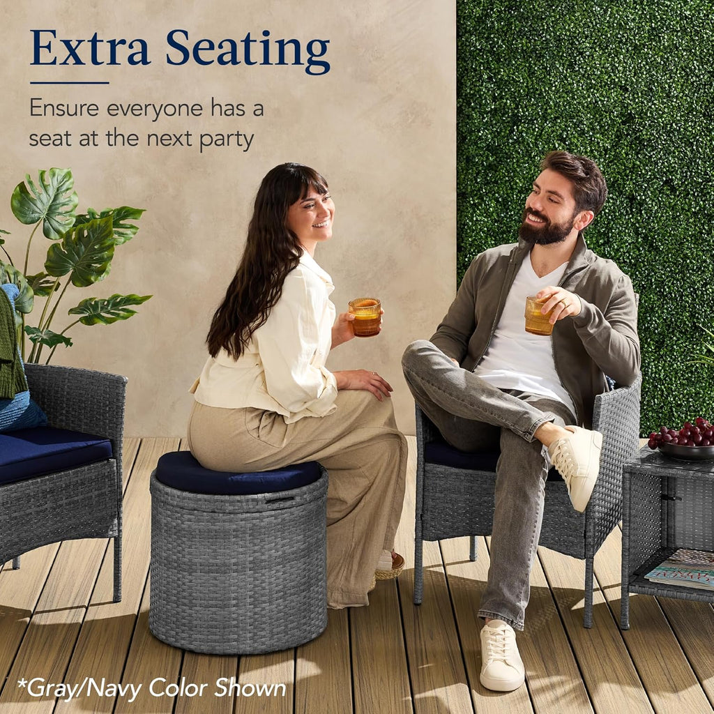 Best Choice Products otomana redonda de mimbre, muebles multiusos para exteriores, para patio, asiento adicional, reposapiés, mesa auxiliar con almacenamiento, cojines extraíbles, gris/crema