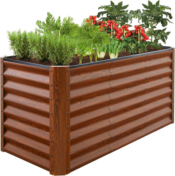 Best Choice Products Cama de jardín elevada de metal para exteriores de 4 x 2 pies, caja de maceta de raíz profunda para verduras, flores, hierbas y suculentas con capacidad de 119 galones, grano de madera