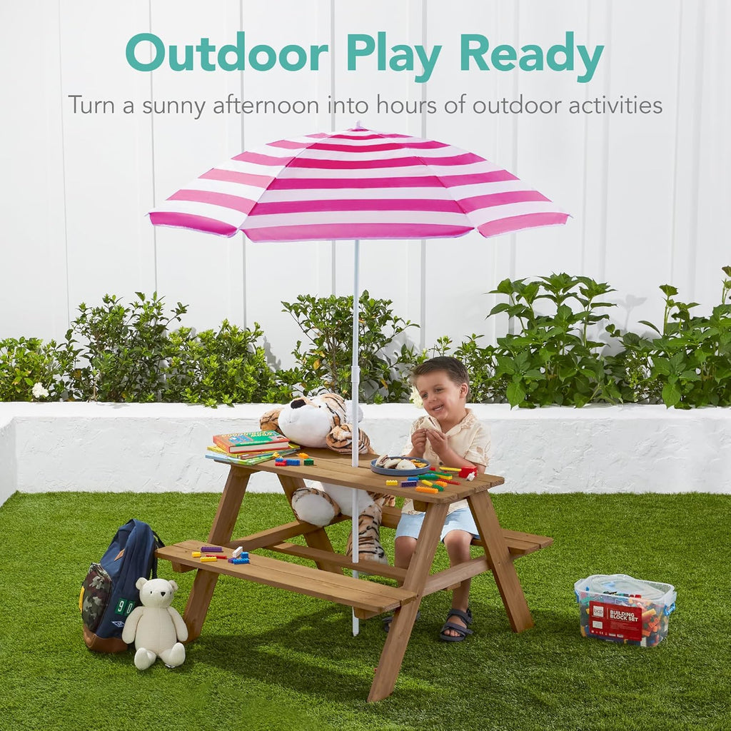Best Choice Products - Mesa de picnic de madera para niños, mesa de actividades al aire última intervensión y comedor con paraguas plegable ajustable, asientos integrados, color natural/rosa oscuro