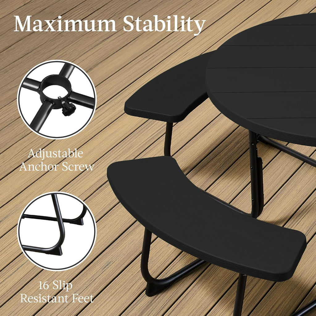 Best Choice Products - Mesa de picnic para 8 personas, circular con 4 bancos integrados y agujero para paraguas, capacidad de 2000 libras, color negro