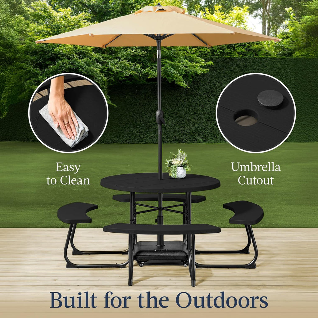 Best Choice Products - Mesa de picnic para 8 personas, circular con 4 bancos integrados y agujero para paraguas, capacidad de 2000 libras, color negro