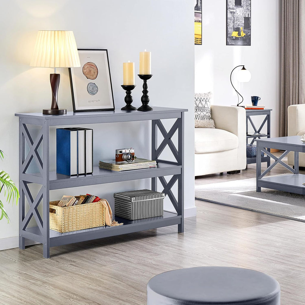 Yaheetech - Mesa de consola con 3 estantes de almacenamiento, mesa de entrada, sofá, mesa auxiliar estrecha y larga estantería para pasillo, sala de estar, muebles decorativos, color gris