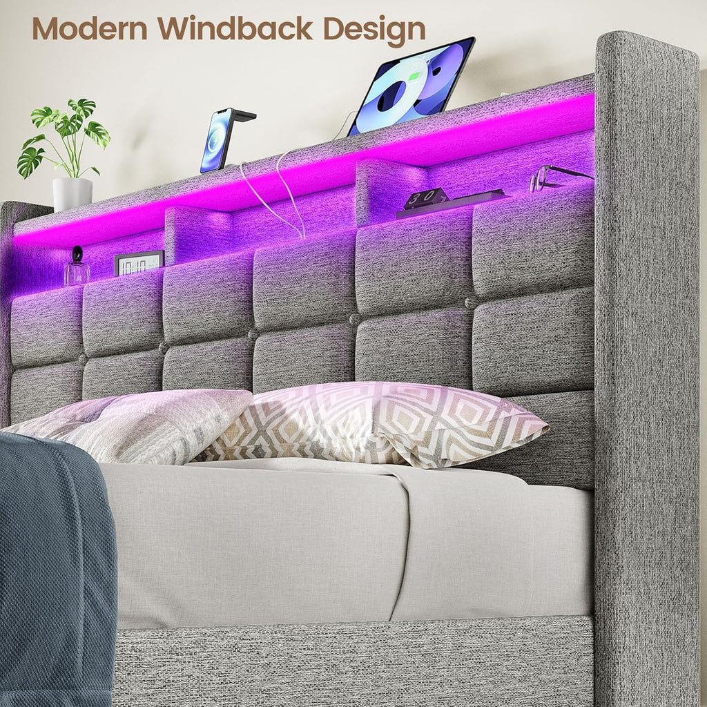 Marco de Cama de tamaño Queen con Almacenamiento, Marco de Cama tapizado tamaño Queen con Luces LED, cabecera y estación de Carga, no Necesita somier, fácil Montaje, Gris Claro