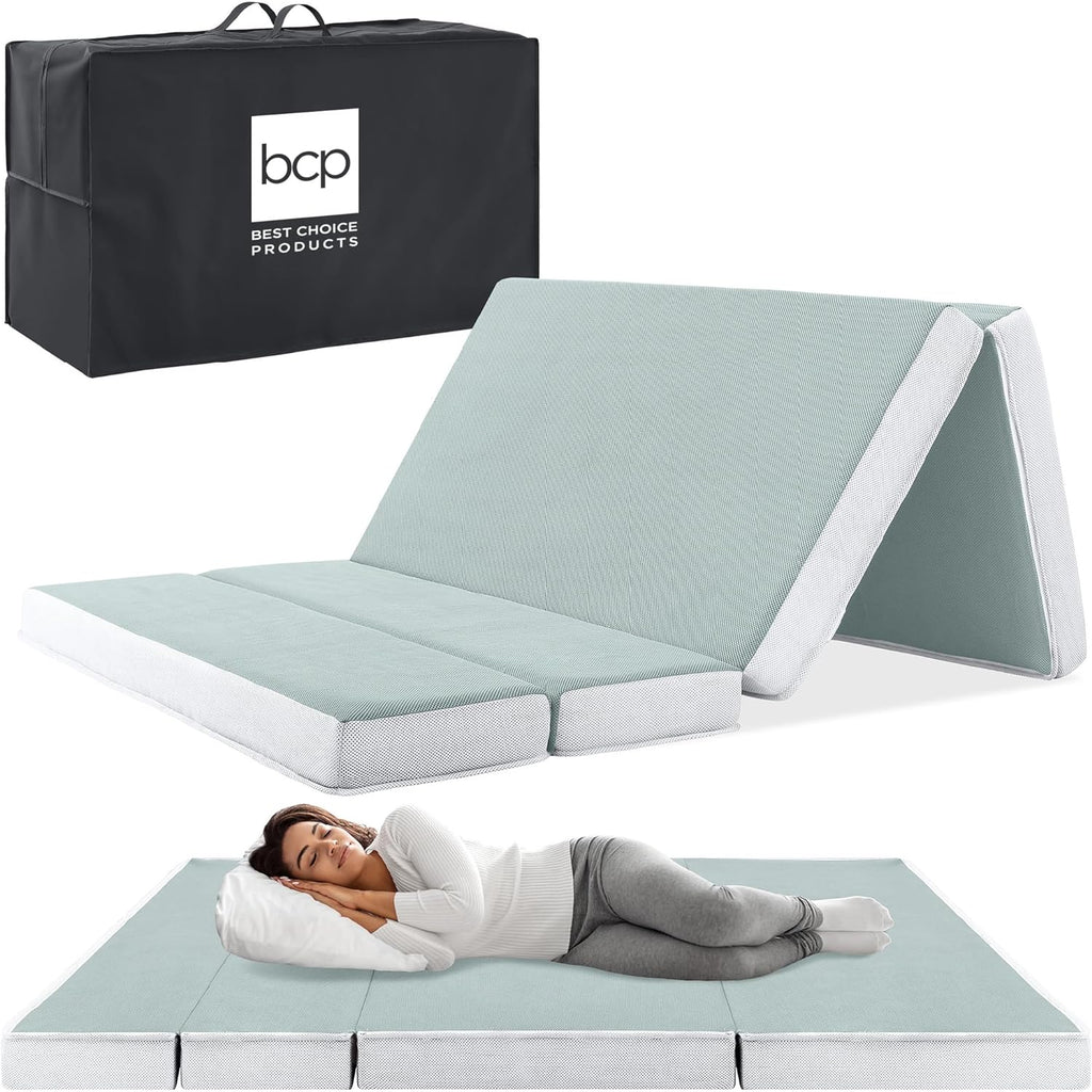 Best Choice Products Colchón portátil de tamaño doble de 4 pulgadas, colchón triple plegable para camping, invitados, niños pequeños, felpa de espuma con funda de transporte, color crema marina